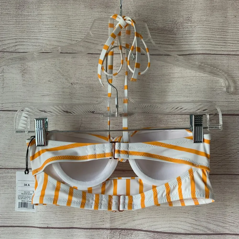 Shade & Shore Yellow and White Stripe Bikini Top Front Keyhole Halter Straps 34A